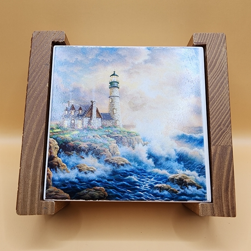 4 Thomas Kinkade Ceramic Drink Coaster Set Lighthouse Nautical Wooden Holder
